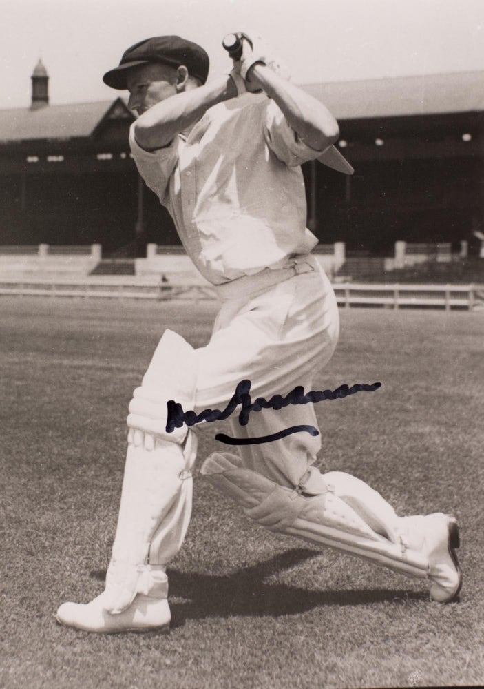Item #100388 A number of signed cricketing photographs of Don Bradman are available; although produced in the mid-1990s, they are all individually printed from the original 1930s negatives. There are several different images (straight drive; cover drive; walking out to bat; walking out with Jack Fingleton) in five different (approximate) sizes: 150 × 100 mm ($250); 175 × 125 mm ($325); 250 × 200 mm ($400); 300 × 220 mm ($500); 400 × 300 mm ($600); and a mammoth 500 × 400 mm ($700). Some are sepia-toned; most are black and white. Cricket, Don BRADMAN.