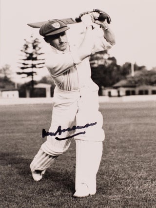 A number of signed cricketing photographs of Don Bradman are available; although produced in the mid-1990s, they are all individually printed from the original 1930s negatives. There are several different images (straight drive; cover drive; walking out to bat; walking out with Jack Fingleton) in five different (approximate) sizes: 150 × 100 mm ($250); 175 × 125 mm ($325); 250 × 200 mm ($400); 300 × 220 mm ($500); 400 × 300 mm ($600); and a mammoth 500 × 400 mm ($700). Some are sepia-toned; most are black and white