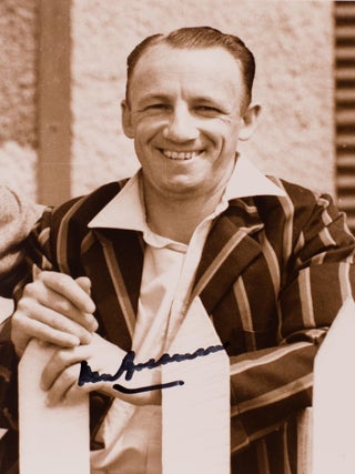 A number of signed cricketing photographs of Don Bradman are available; although produced in the mid-1990s, they are all individually printed from the original 1930s negatives. There are several different images (straight drive; cover drive; walking out to bat; walking out with Jack Fingleton) in five different (approximate) sizes: 150 × 100 mm ($250); 175 × 125 mm ($325); 250 × 200 mm ($400); 300 × 220 mm ($500); 400 × 300 mm ($600); and a mammoth 500 × 400 mm ($700). Some are sepia-toned; most are black and white