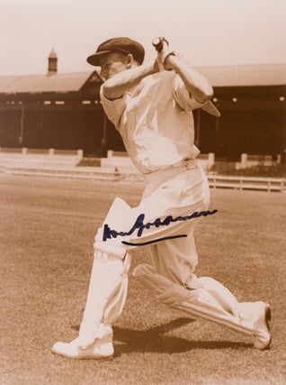 A number of signed cricketing photographs of Don Bradman are available; although produced in the mid-1990s, they are all individually printed from the original 1930s negatives. There are several different images (straight drive; cover drive; walking out to bat; walking out with Jack Fingleton) in five different (approximate) sizes: 150 × 100 mm ($250); 175 × 125 mm ($325); 250 × 200 mm ($400); 300 × 220 mm ($500); 400 × 300 mm ($600); and a mammoth 500 × 400 mm ($700). Some are sepia-toned; most are black and white