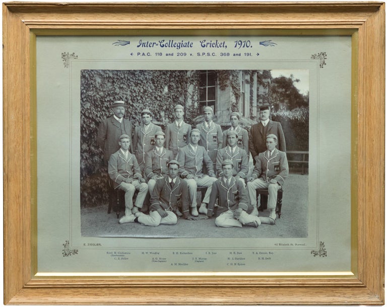 Item #100633 A vintage photograph of the St Peter's College team in 'Inter-Collegiate Cricket, 1910. PAC 118 and 209 v SPSC 368 and 191'. Cricket, Clarence Everard PELLEW, Alban George MOYES, 'Nip', 'Johnny'.