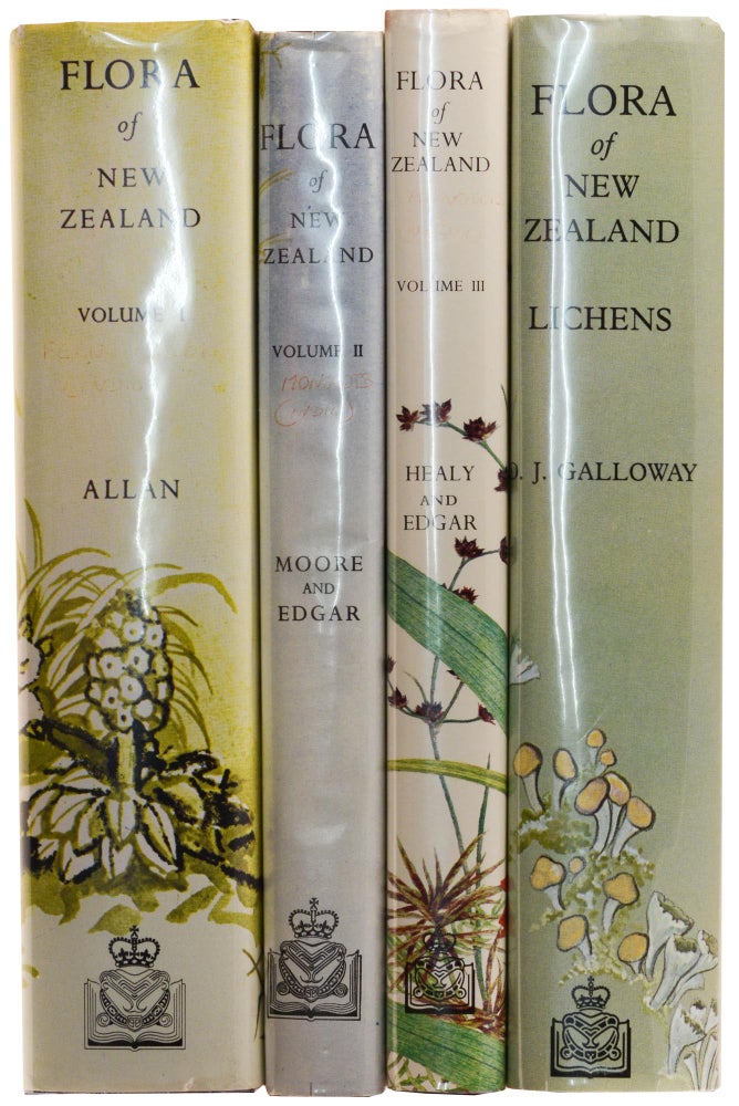 Item #100712 Flora of New Zealand. Volume 1: Indigenous Tracheophyta ... by H.H. ALLAN. Volume 2: Indigenous Tracheophyta. Monocotyledones ... by Lucy MOORE and Elizabeth EDGAR. Volume 3: Adventive Cyperaceous ... by A.J. HEALY and Elizabeth EDGAR. [Volume 4]: Lichens by D.J. GALLOWAY