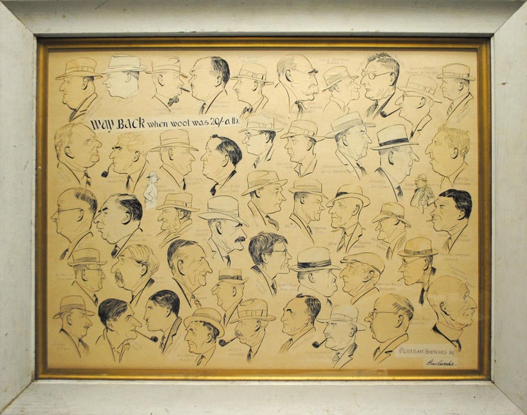 Item #100889 'Way back when wool was 20/- a lb'. A very large collage comprising 47 original individual caricatures of well-known pastoral identities ('Portrait sketches by Bushwaka' - black ink on paper, mounted on heavy card). New South Wales Pastoralists, BUSHWAKA, Frank F. FORSTER.