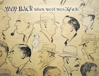 'Way back when wool was 20/- a lb'. A very large collage comprising 47 original individual caricatures of well-known pastoral identities ('Portrait sketches by Bushwaka' - black ink on paper, mounted on heavy card)