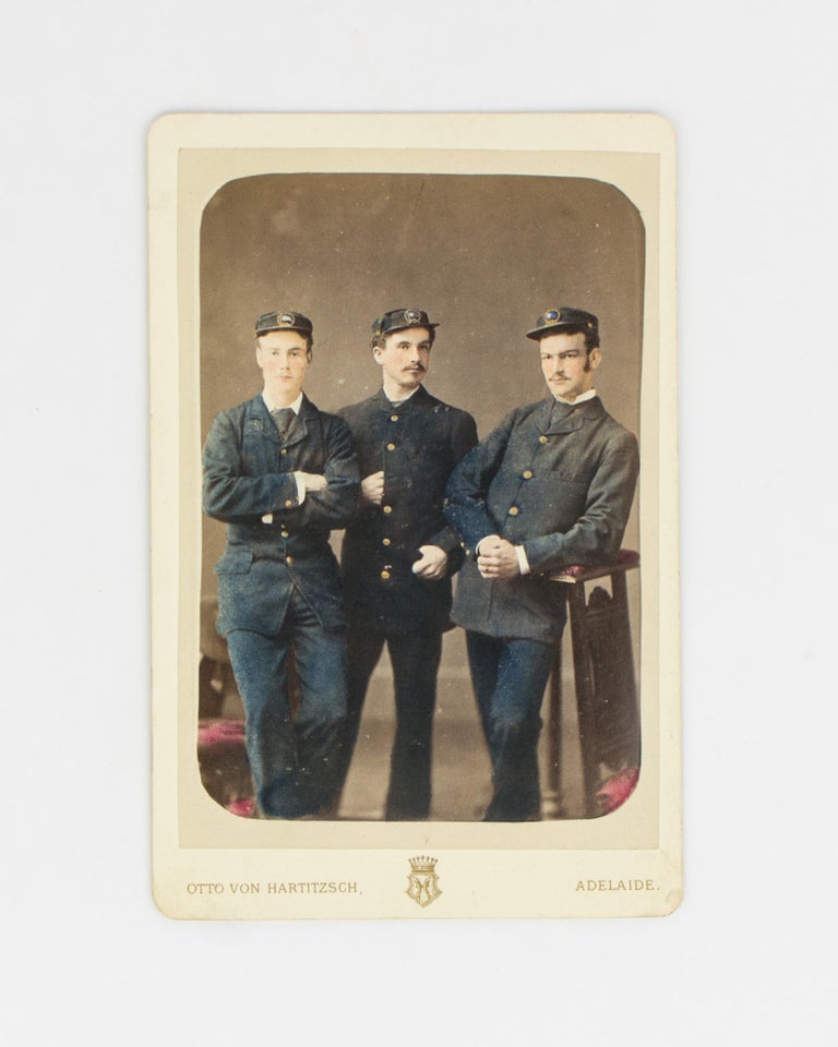 Item #100961 A vintage hand-coloured cabinet photograph of three men in uniform. Uniforms.