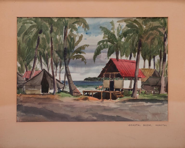 Item #100999 'Coastal Scene, Morotai'. A well-executed watercolour on paper (an impressive 274 × 397 mm) mounted on cardboard and captioned on the original attached mat (external dimensions 405 × 505 mm). The painting (featuring tents and simply-constructed dwellings nestled among palm trees), is in fine condition; the mat has a thin light tidemark along the bottom left-hand margin. Morotai.