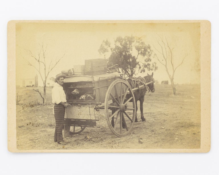 Item #102330 A vintage cabinet photograph of a travelling butcher with his horse-drawn cart. Portrait of a. Butcher.