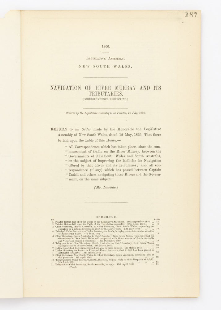 Item #102489 Navigation of River Murray and its Tributaries. (Correspondence Respecting.). River Murray.