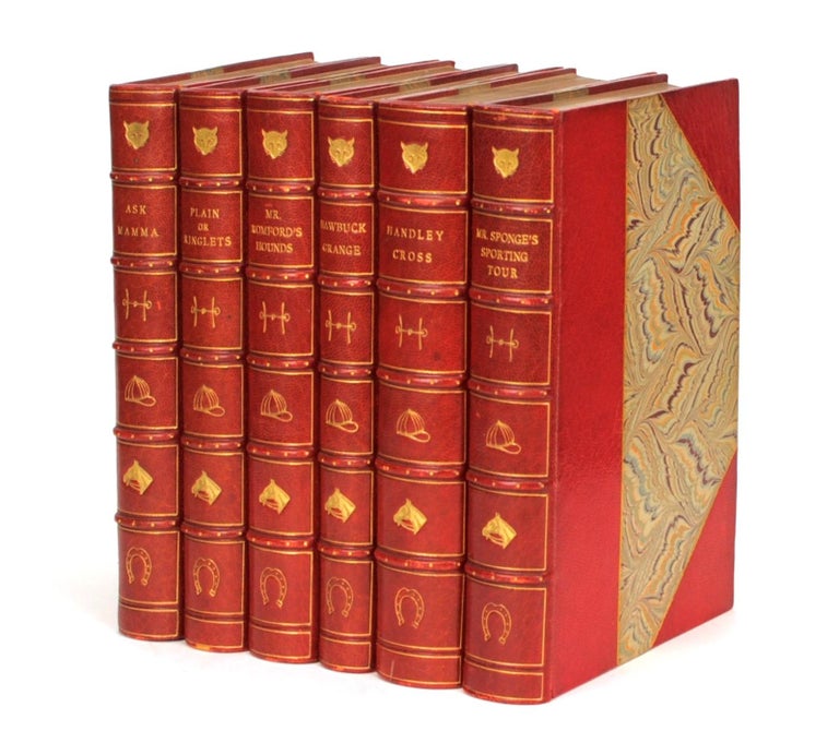 Item #105065 Six volumes uniformly bound in three-quarter red morocco by Bumpus. Titles are 'Ask Mama'; 'Handley Cross'; 'Hawbuck Grange'; 'Plain or Ringlets?'; 'Mr Romford's Hounds'; and 'Mr Sponge's Sporting Tour'. Robert Smith SURTEES.