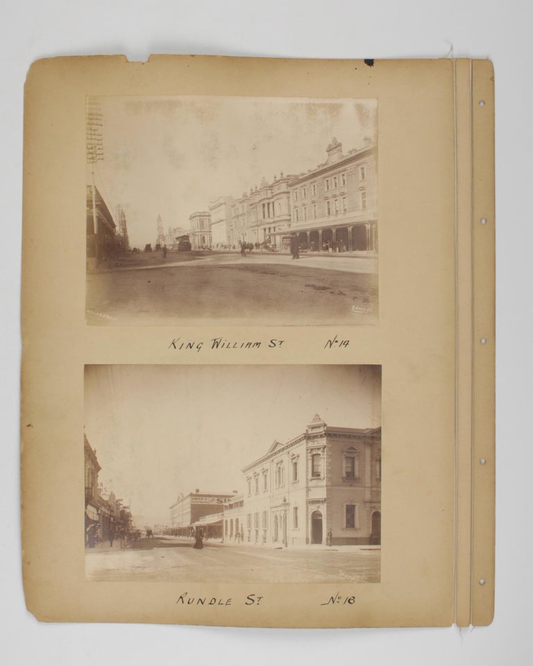 Item #105523 Four original albumen paper photographs mounted on one sheet of card from a loose-leaf album. They are numbered and captioned on the mount - No. 10: General Post Office. No. 12: King William St. No. 14: King William St. No. 16: Rundle St. Adelaide, Alfred STUMP, and Company.