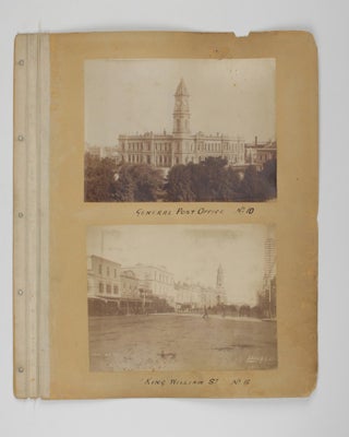 Four original albumen paper photographs mounted on one sheet of card from a loose-leaf album. They are numbered and captioned on the mount - No. 10: General Post Office. No. 12: King William St. No. 14: King William St. No. 16: Rundle St