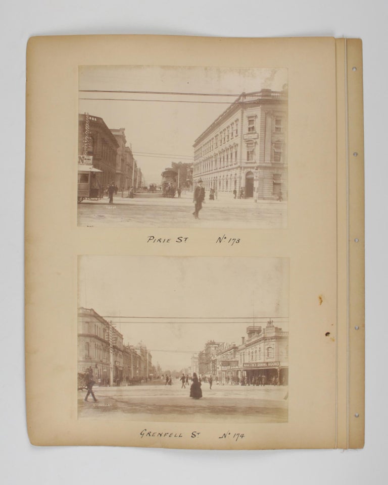 Item #105525 Four original albumen paper photographs mounted on one sheet of card from a loose-leaf album. They are numbered and captioned on the mount - No. 169: Rundle Street. No. 172: Currie Street. No. 173: Pirie St. No. 174: Grenfell St. Adelaide, Alfred STUMP, and Company.