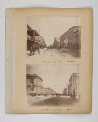 Four original albumen paper photographs mounted on one sheet of card from a loose-leaf album. They are numbered and captioned on the mount - No. 169: Rundle Street. No. 172: Currie Street. No. 173: Pirie St. No. 174: Grenfell St