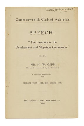 Item #106844 Speech - 'The Functions of the Development and Migration Commission' - delivered by...
