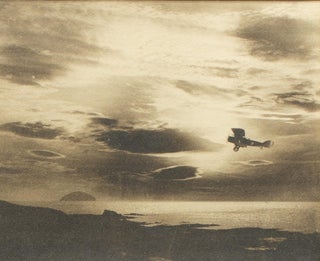 A striking sepia-toned photograph of a Bristol F.2B biplane piloted by pioneering Australian aviator Captain Harry Butler while on an anti-submarine patrol off the coast of Scotland in late 1917 or 1918. At the time Butler was fighting-instructor at the Royal Flying Corps School of Aerial Gunnery and Fighting at Turnberry (now a Trump golf resort)