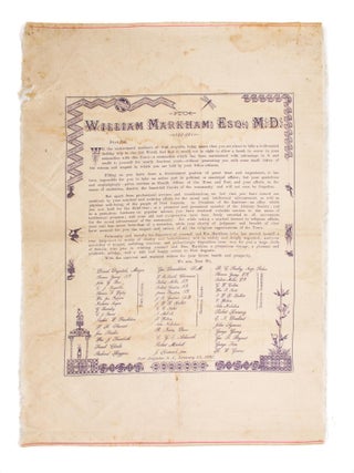 Item #108227 A decorative testimonial, printed in purple ink on cream silk (external dimensions...
