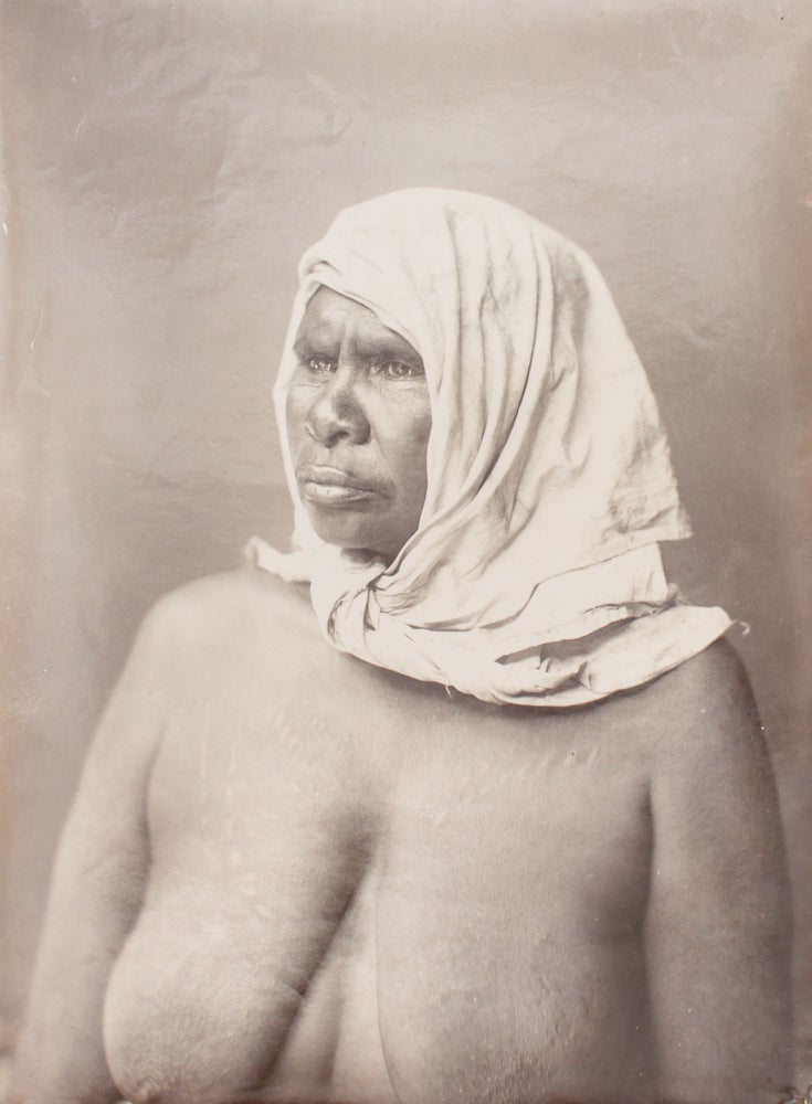Item #109237 A fine portrait of an Indigenous Australian woman wearing a plain head-scarf knotted under her chin. Indigenous Portraiture.