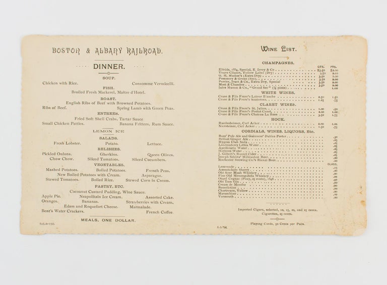 Item #109306 Boston & Albany R.R. Dining Car Service between Boston and Utica on the Boston and Chicago Special. Menu.