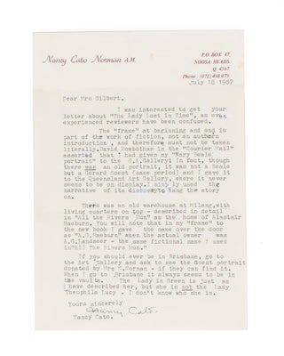 Item #109464 A typed letter signed by Nancy Cato, in response to a letter from a Mrs Gilbert...