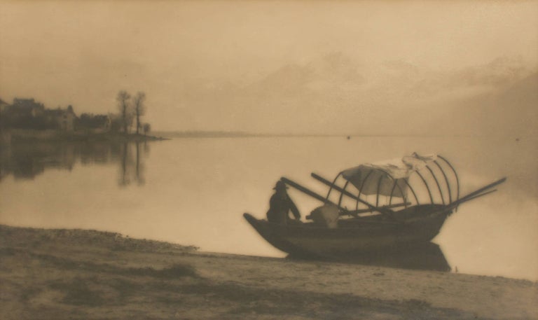 Item #109753 'Boat and Lake Lugarno'. A vintage carbon print (visible image size 140 × 235 mm) on the original mount. John KAUFFMANN.