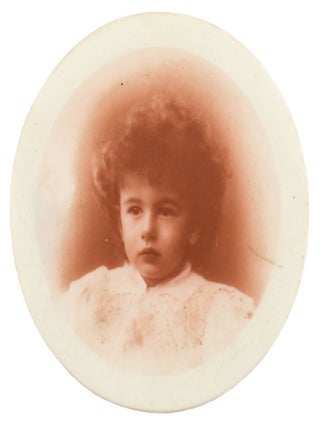 A small sepia-toned portrait photograph printed on ivory (image size, a 26 mm circle squared left and right to a maximum of 23 mm, on a support 50 × 25 mm)