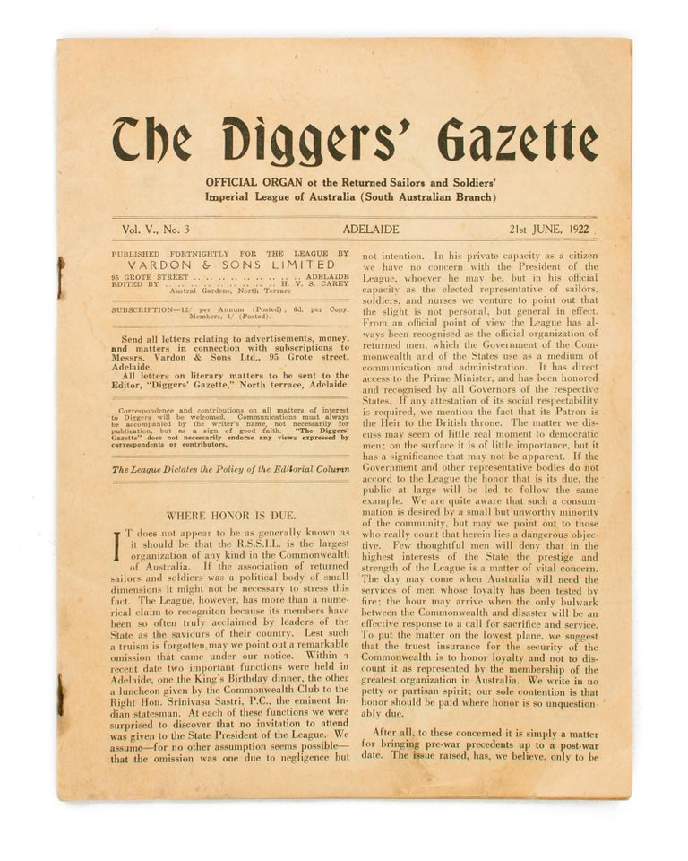 Item #110100 The Diggers' Gazette. Official Organ of the Returned Sailors' and Soldiers' Imperial League of Australia (South Australian Branch). Volume V, Number 3, 21st June 1922. Sir Ross SMITH.