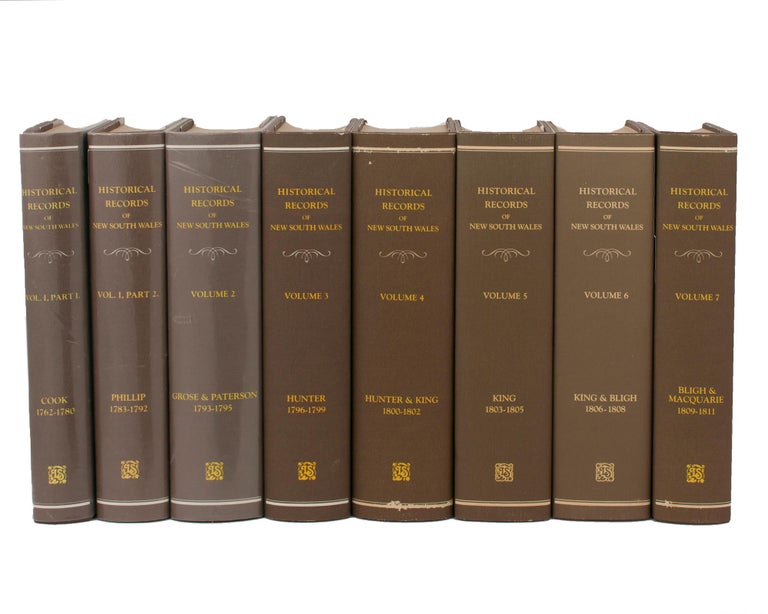 Item #110554 Historical Records of New South Wales [seven volumes in eight]. Volume 1, Part 1: Cook, 1762-1780. Volume 1, Part 2: Phillip, 1783-1792. Volume 2: Grose and Paterson, 1793-1795. Volume 3: Hunter, 1796-1799. Volume 4: Hunter and King, 1800-1802. Volume 5: King, 1803-1805. Volume 6: King and Bligh, 1806-1808. Volume 7: Bligh and Macquarie, 1809-1811. Frank Murcott BLADEN.