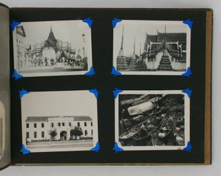 A large photograph album of Japanese origin and Korean War vintage, with the lacquered front cover extensively hand-decorated in colour