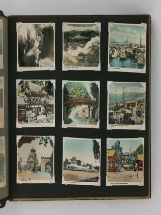 A large photograph album of Japanese origin and Korean War vintage, with the lacquered front cover extensively hand-decorated in colour