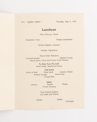 Two menus from May 1940, one being for Dinner on Tuesday 7 May, the other for Luncheon on Thursday 9 May; both are for 'Officers'