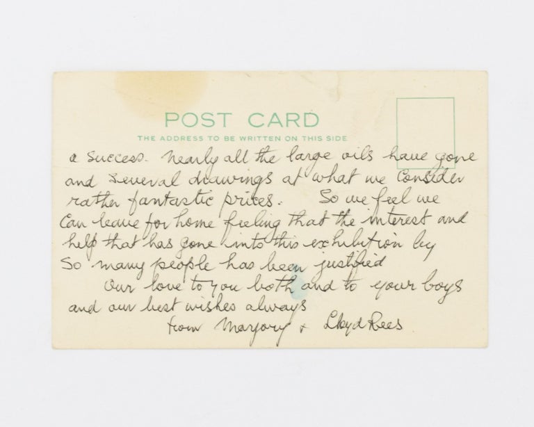 Item #111495 An autograph postcard signed by Lloyd Rees (both sides of a plain postcard with the letterhead of the Sesame Pioneer and Lyceum Club, Grosvenor St, London, 17 September 1973). Lloyd REES.
