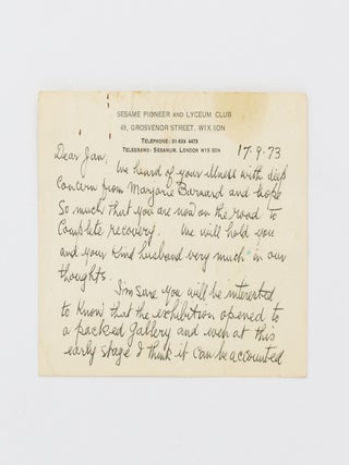 An autograph postcard signed by Lloyd Rees (both sides of a plain postcard with the letterhead of the Sesame Pioneer and Lyceum Club, Grosvenor St, London, 17 September 1973)