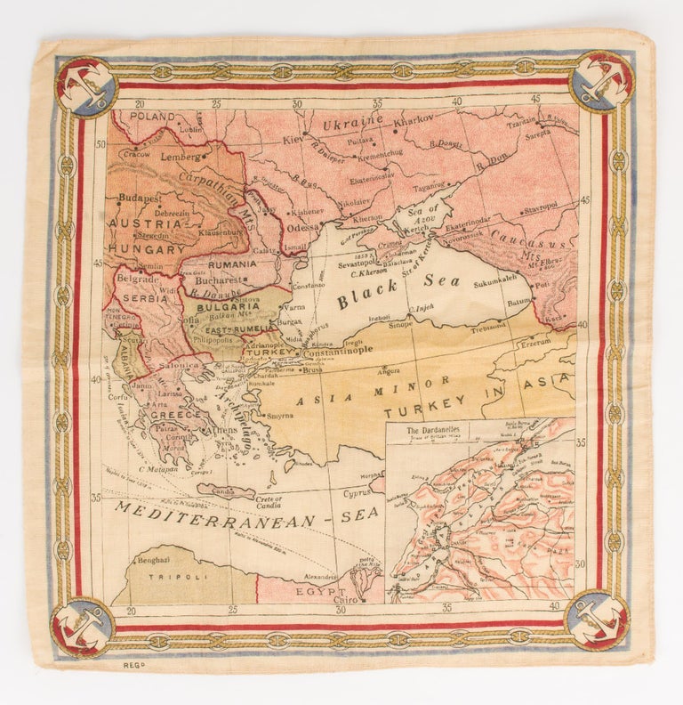 Item #112096 A souvenir handkerchief featuring a map centred on Turkey and the Black Sea. The Dardanelles.