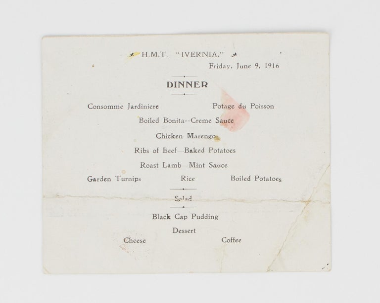 Item #112586 HMT 'Ivernia', Friday, June 9, 1916. Dinner [a menu card]. HMT 'Ivernia'.