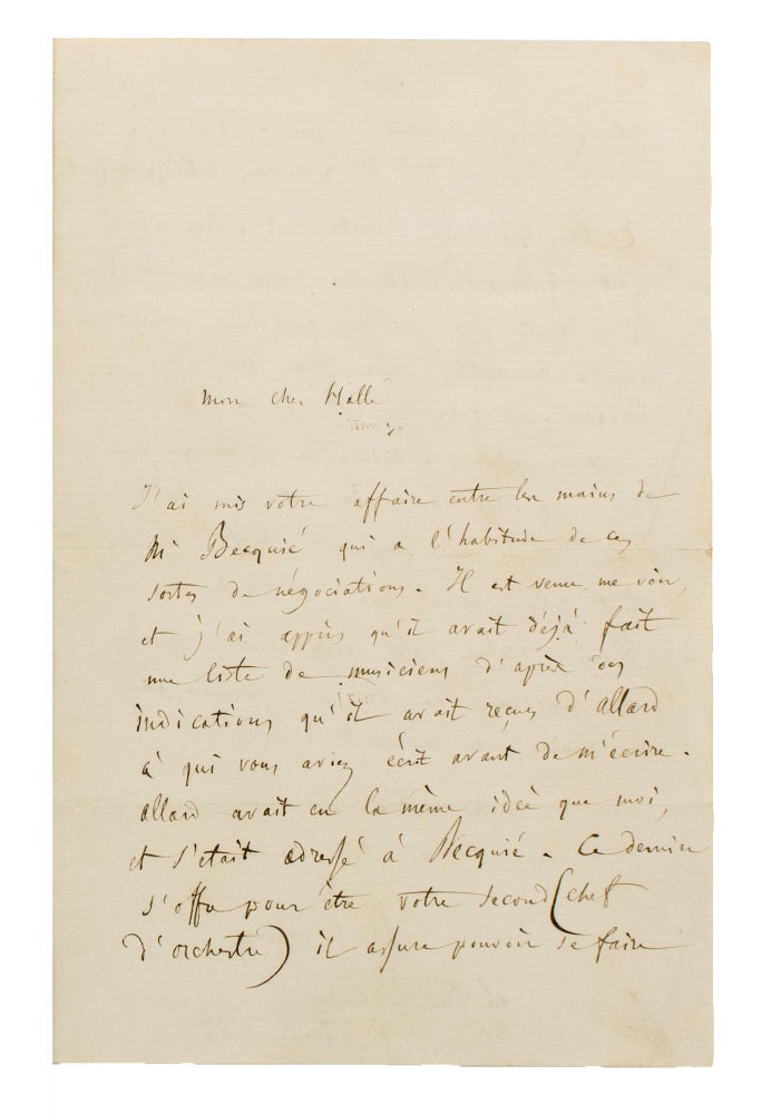 Item #113153 An autograph letter, in French, signed by Berlioz to his friend Charles Hallé, the German conductor and pianist, dated 1 February 1857, regarding the recruitment of French musicians for the important Manchester Art Treasures Exhibition (May to October 1857). Hector BERLIOZ.
