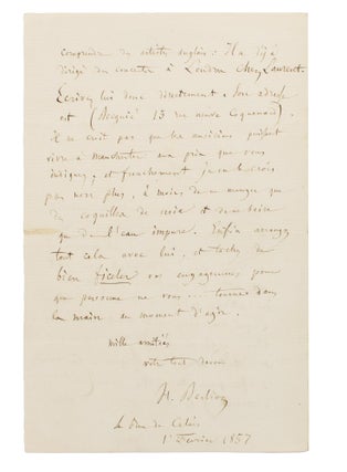 An autograph letter, in French, signed by Berlioz to his friend Charles Hallé, the German conductor and pianist, dated 1 February 1857, regarding the recruitment of French musicians for the important Manchester Art Treasures Exhibition (May to October 1857)