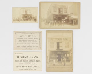 Item #113991 A collection of three vintage photographs and two large business cards relating to...
