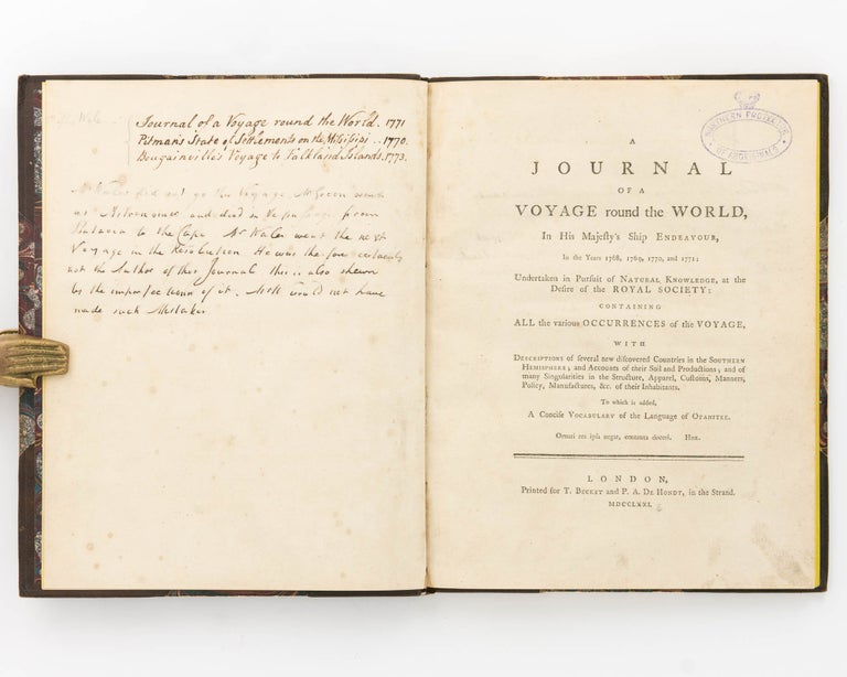 Item #114364 A Journal of a Voyage round the World in His Majesty's Ship 'Endeavour' in the Years 1768, 1769, 1770, and 1771; undertaken in Pursuit of Natural Knowledge, at the Desire of the Royal Society: containing all the various Occurrences of the Voyage, with Descriptions of several new discovered Countries in the Southern Hemisphere; and Accounts of their Soil and Productions; and of many Singularities in the Structure, Apparel, Customs, Manners, Policy, Manufactures, etc. of their Inhabitants. To which is added a Concise Vocabulary of the Language of Otahitee. James MAGRA, later MATRA, attributed to.
