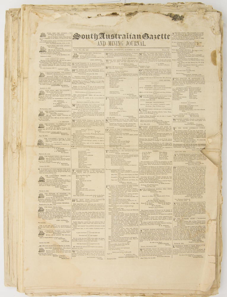 Item #114401 South Australian Gazette and Mining Journal. [A broken run of 94 issues of this scarce early South Australian newspaper from Volume VI, Number 367, 12th October 1850 to Volume VII, Number 472, 16th October 1851.]. South Australian Gazette, Mining Journal.