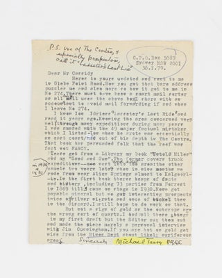 A typed letter signed with manuscript additions and corrections by Michael Terry, written in response to a letter from a reader of an article about Lasseter's Reef, published in the Brisbane 'Courier-Mail' in January 1979