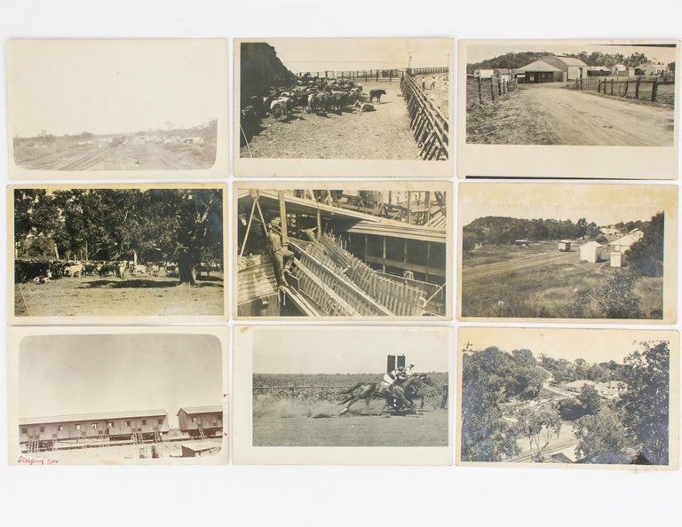 Item #114409 A group of seven postcard-format gelatin silver photographs showing scenes of the cattle trade and railways in the Darwin area in the mid-1920s. The photographs appear to follow a herd of cattle from Rapid Creek Station (now a northern suburb of Darwin) to Darwin Port, and each is captioned in pencil on the verso. Northern Territory.