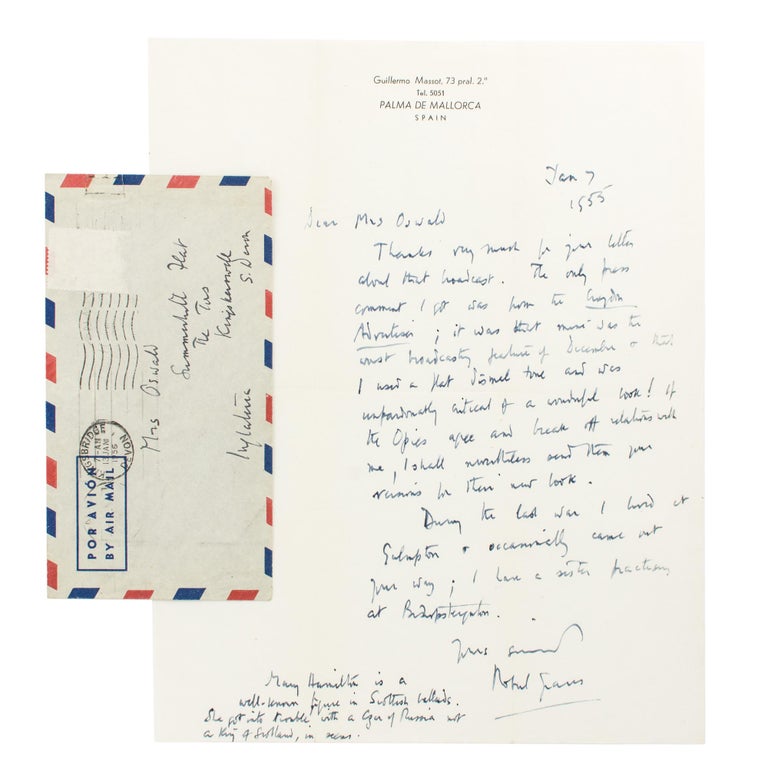 Item #114860 An autograph letter signed by Robert Graves (1895-1985, British poet, novelist, critic and mythographer) to a Mrs Oswald, in return thanks for her congratulatory letter about a poorly reviewed radio broadcast. Robert GRAVES.