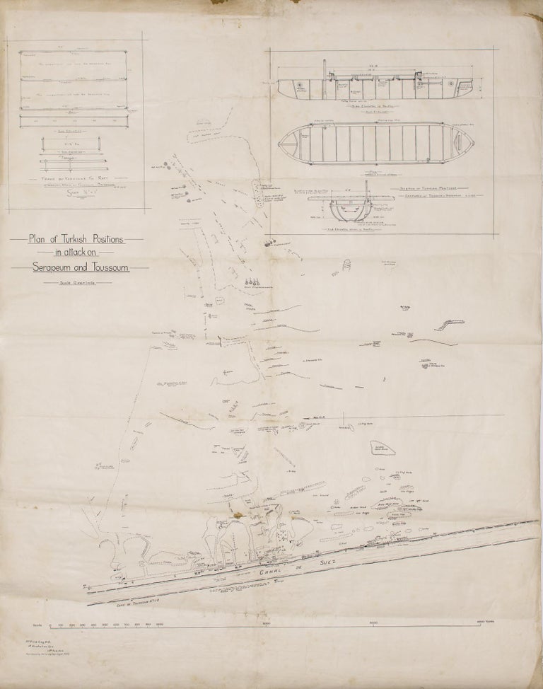 Item #114959 'Plan of Turkish Positions in attack on Serapeum and Toussoum'. A large-scale map ('12 ins = 1 mile') printed on paper and mounted on linen (overall dimensions 1120 × 885 mm), produced by '3rd Field Coy. A.E. 1st Australian Div. 15th Feb. 1915. Reproduced by the Survey Dept. Egypt. (683)'. Turkish Invasion of Egypt.
