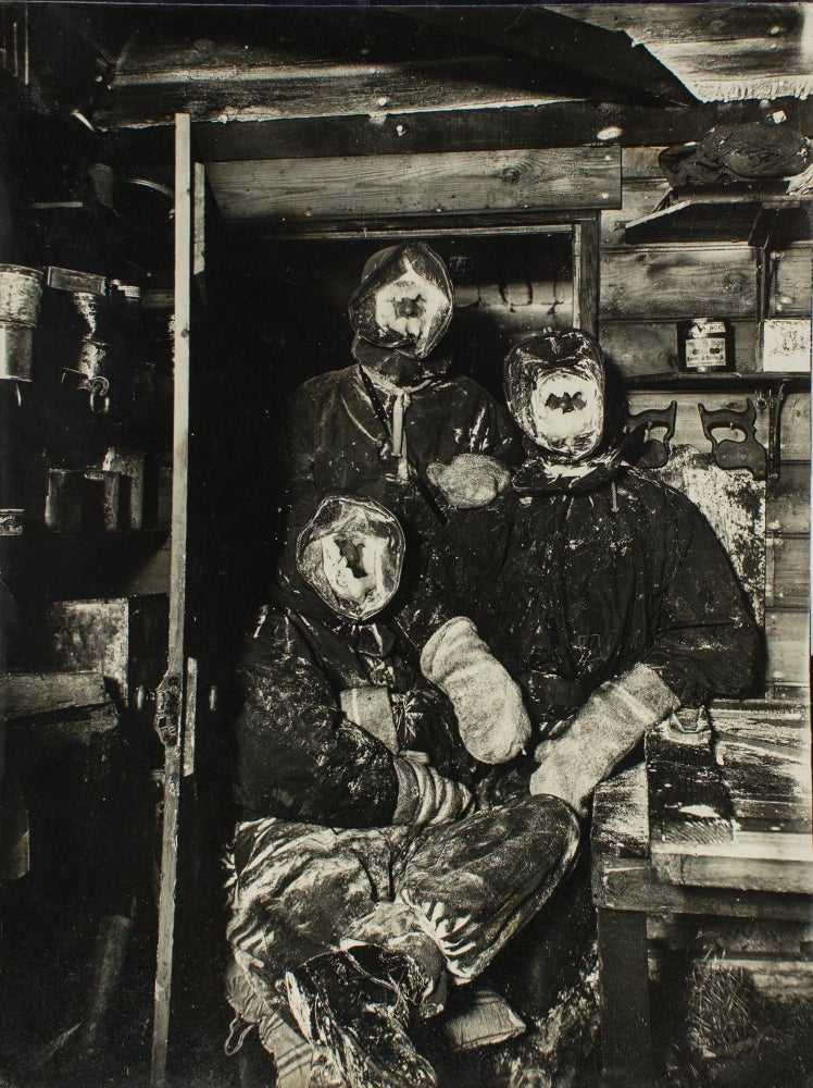 Item #114973 Three expeditioners with 'masks of ice'. A vintage gelatin silver photograph (207 × 156 mm), from the Australasian Antarctic Expedition, 1911-1914. Australasian Antarctic Expedition, Frank HURLEY.