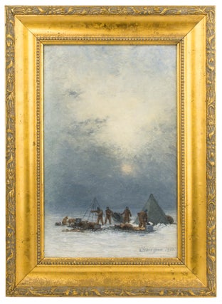 Item #114981 'Erecting Tents in a Blizzard'. An evocative original oil painting from Douglas...