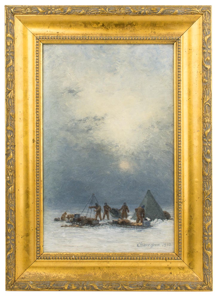 Item #114981 'Erecting Tents in a Blizzard'. An evocative original oil painting from Douglas Mawson's Australasian Antarctic Expedition, 1911-1914, given to him and his wife Paquita (née Francisca Adriana Delprat) as a present for their wedding on 31 March 1914 at Holy Trinity Church in the Melbourne suburb of Balaclava. Australasian Antarctic Expedition, Charles HARRISSON.