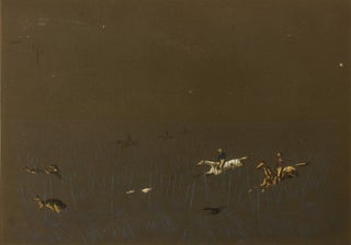 A graphic series of four paintings of a kangaroo hunt, conducted by horsemen and a pack of kangaroo dogs