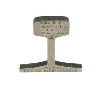 Item #114989 A transverse section of steel rail stamped 'B.H.P. Co. | Newcastle. | N.S.W. | 73....