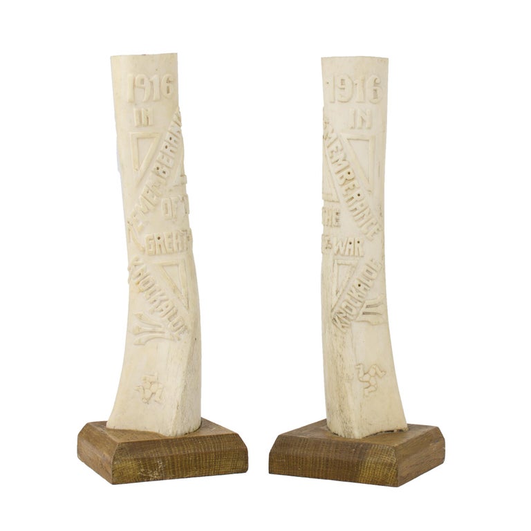 Item #115009 A pair of vases fashioned from the shin bones of domestic cattle by civilian internees on the Isle of Man during World War 1. Knockaloe Internment Camp.