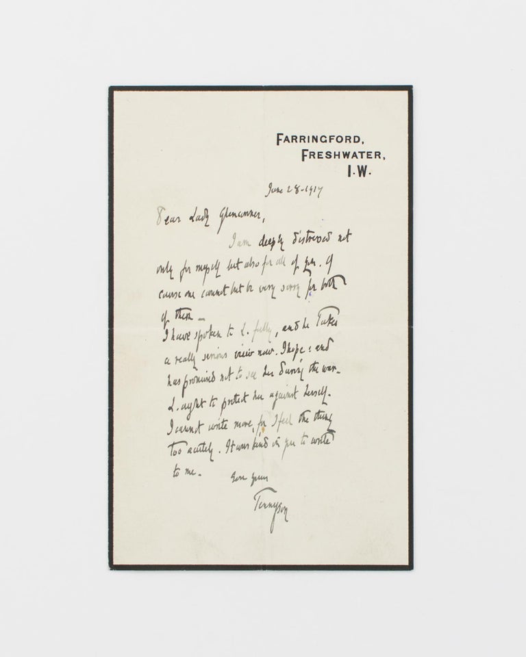 Item #115301 An autograph letter signed 'Tennyson' (dated 28 June 1917), to Pamela Tennant (née Wyndham), Lady Glenconner. The letter concerns the affair between his son Lionel (later 3rd Baron Tennyson, and a first-class cricketer who captained Hampshire and England) and Lady Glenconner's married daughter, The Hon. Clarissa Tennant. Hallam TENNYSON, 2nd Baron TENNYSON.